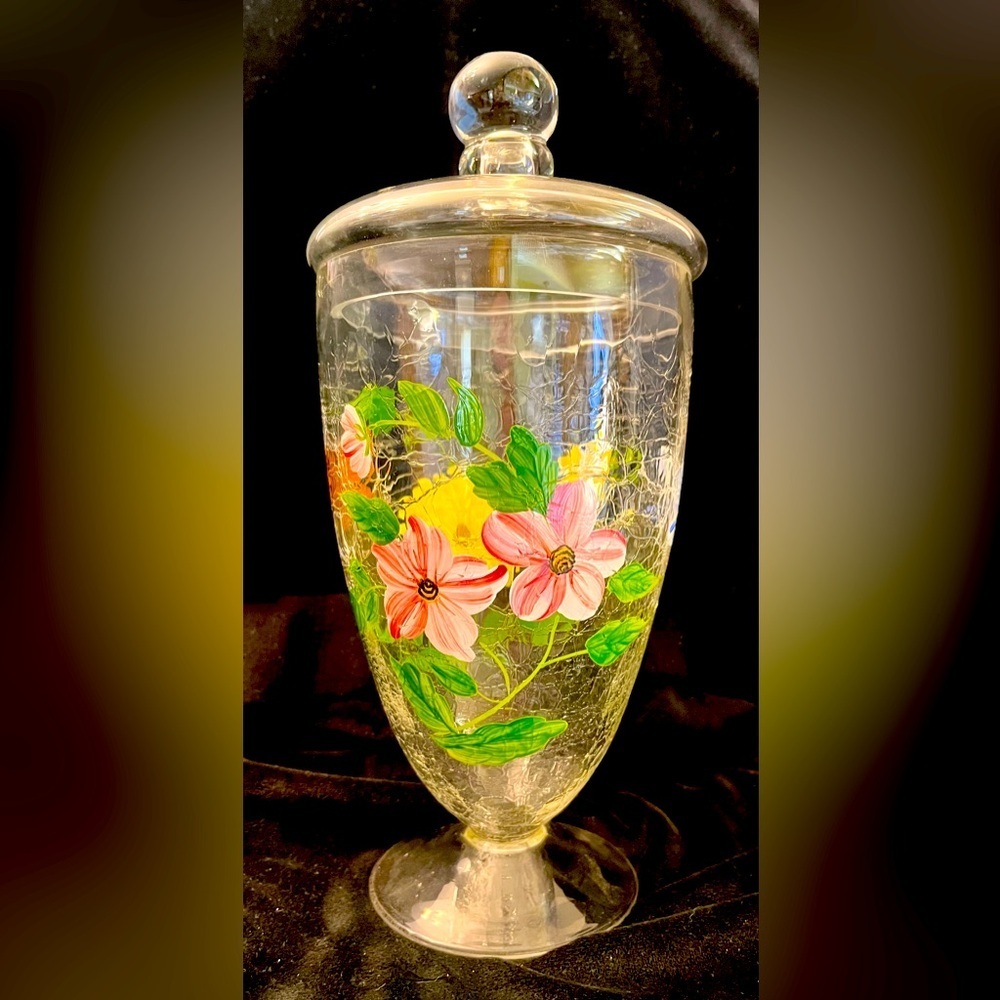 Lenox Meadow Hand Painted Crackle Glass Lidded Jar Cottagecore Garden Floral VTG